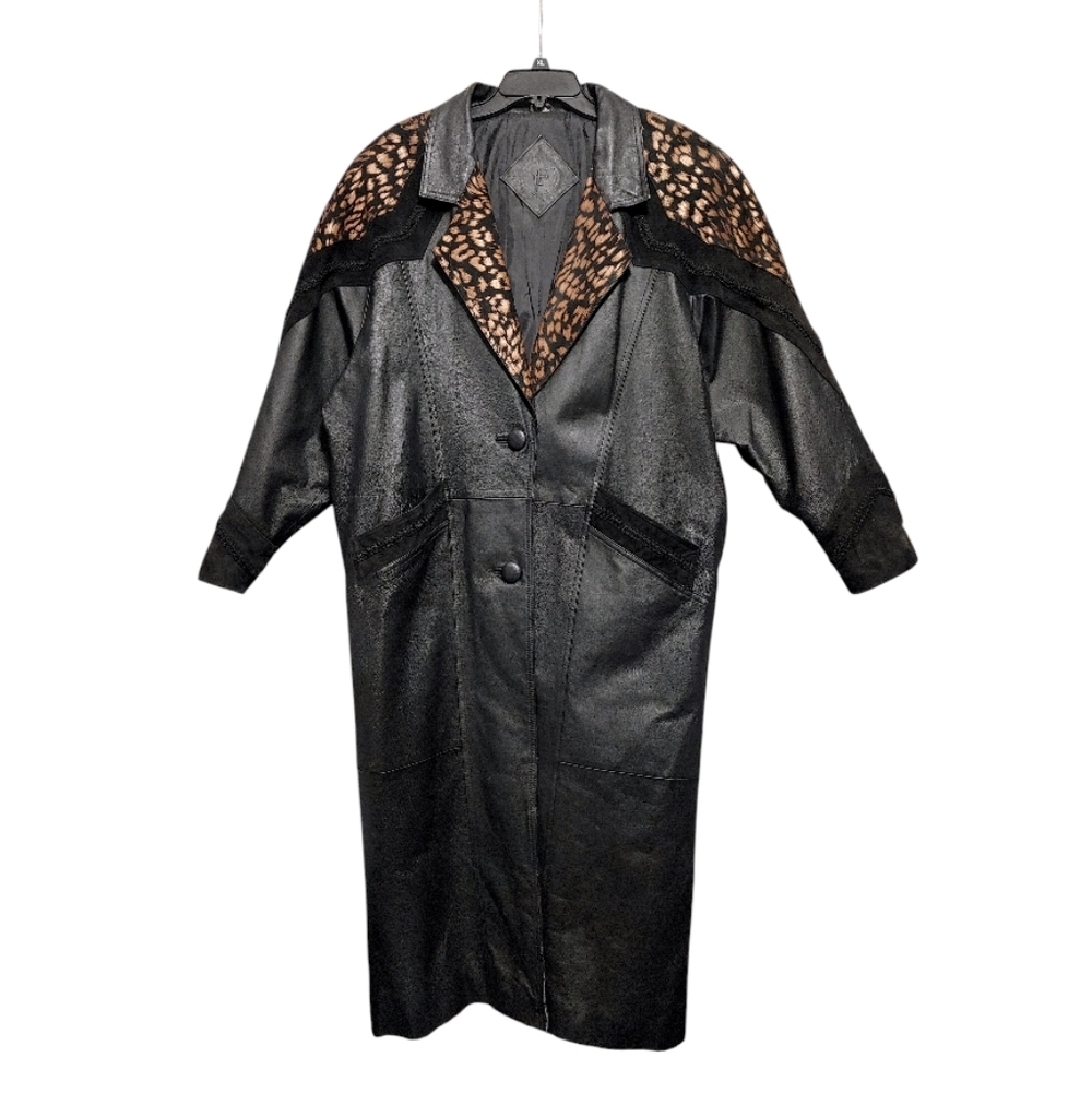 Vintage 80s JF J Ferrar Black Leopard Print Leather Suede Trench Coat Size Large - Picture 3 of 13